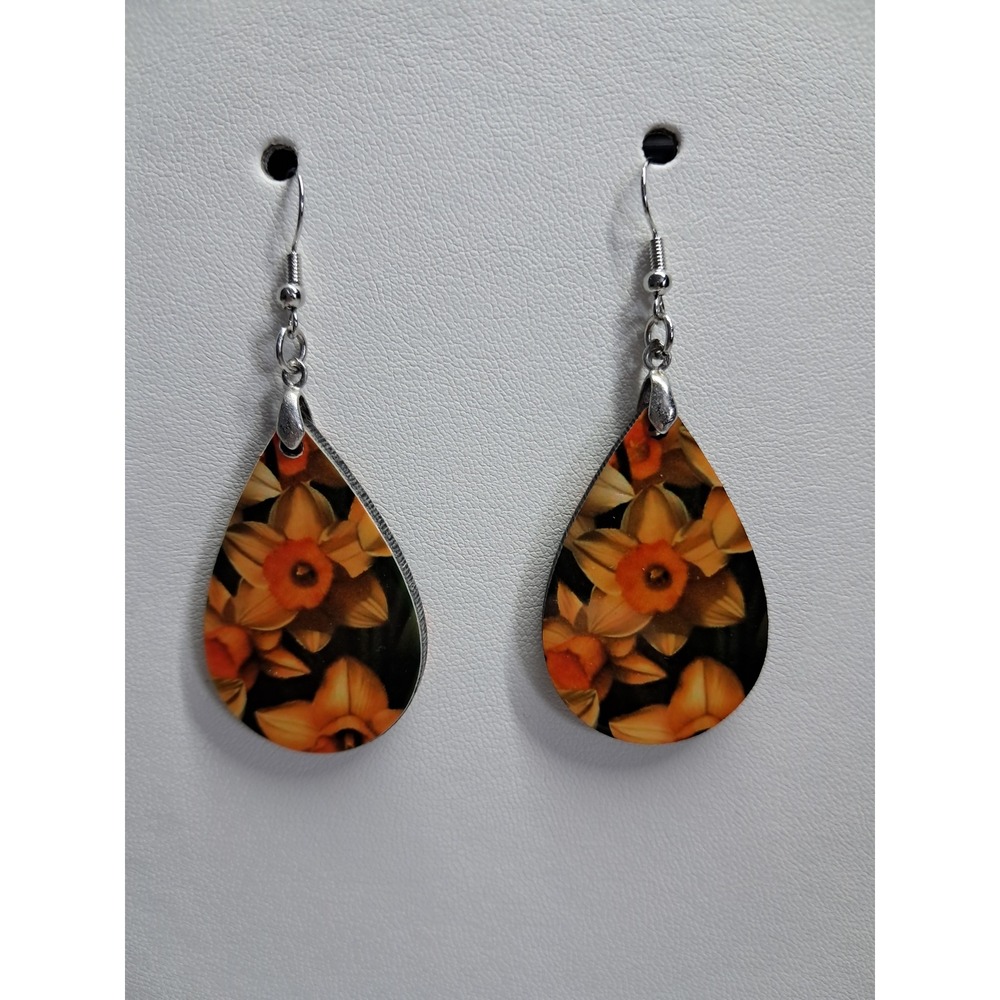 Handmade Orange Yellow Daffodil Floral Teardrop Dangle Earrings Silver Tone